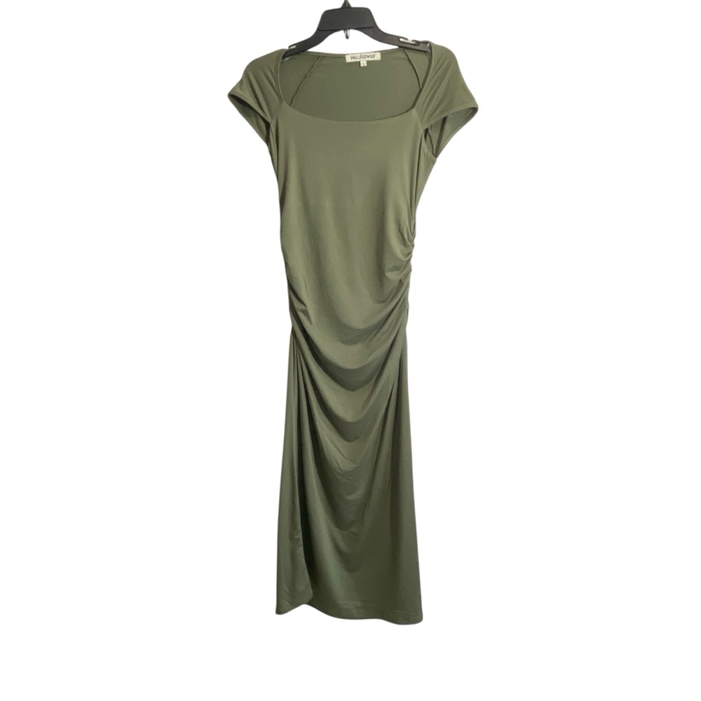 Wallflower Ruched Midi Dress Women's Sz L Army Green Cap Sleeve Boat Neck NWT